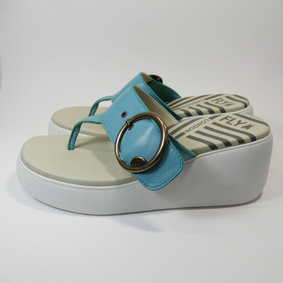 FLY LONDON Dafi SANDALS EU 41 10 10.5 Platform Wedge Thong Turquoise Leather NEW - Picture 6 of 15
